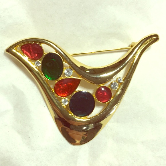 Gold tone enamel vintage partridge pin jewel tone glam retro art deco bird pin - Picture 9 of 16